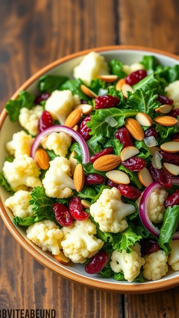 A vibrant cauliflower and kale salad with almonds and cranberries on a rustic table.